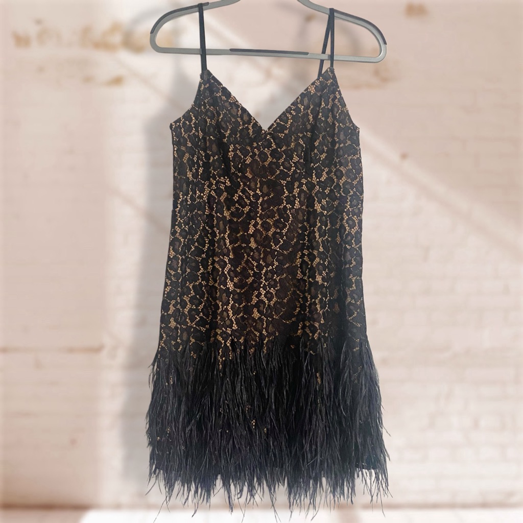 Mk Michael Michael Kors Black And Tan Lace Feather Dress, So Cute, New With Tags